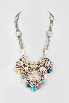 Oxidised Finish Kundan Polki & Multi-Colored Stone Long Necklace
