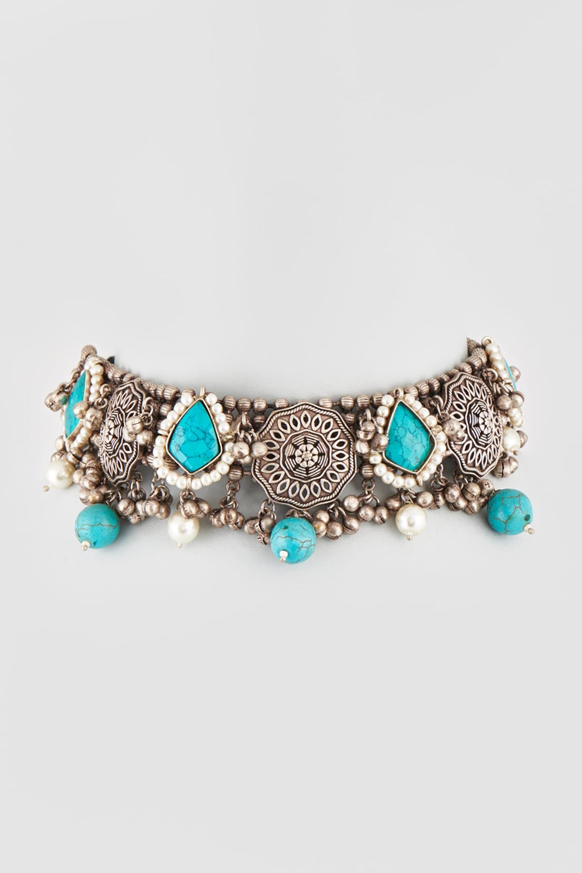 Oxidised Finish Turquoise Stone & Pearl Choker Necklace