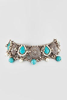 Oxidised Finish Turquoise Stone & Pearl Choker Necklace