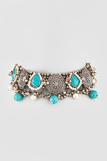 Oxidised Finish Turquoise Stone & Pearl Choker Necklace
