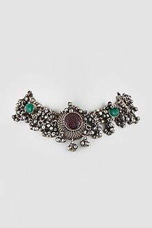 Oxidised Finish Green & Brown Stone Choker Necklace
