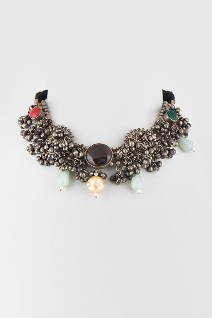 Oxidised Finish Multi-Colored Stone & Kundan Polki Choker Necklace