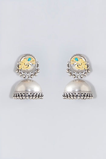 Oxidised Silver Finish Kundan Stone Jhumka Earrings In Sterling Silver