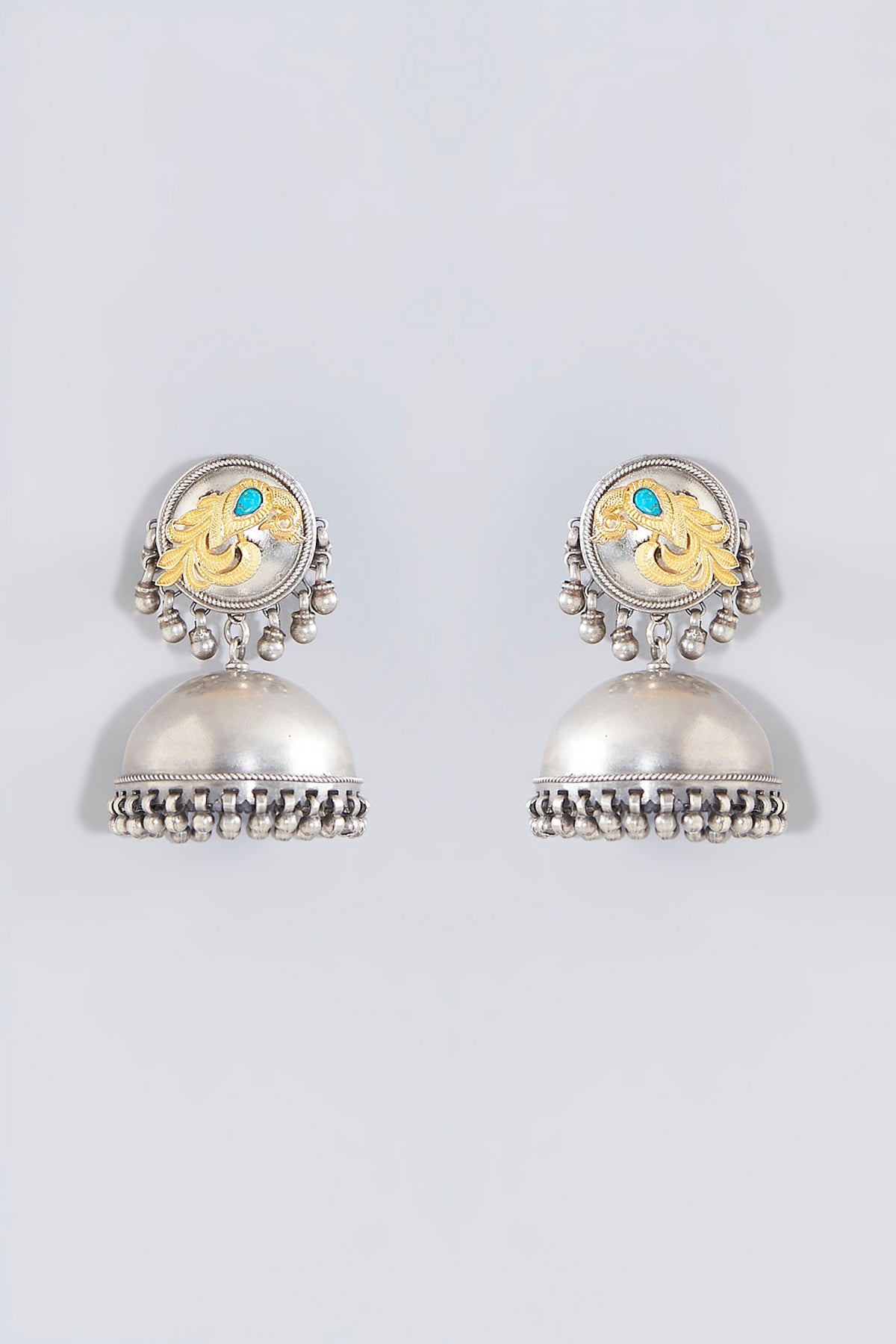 Oxidised Silver Finish Kundan Stone Jhumka Earrings In Sterling Silver