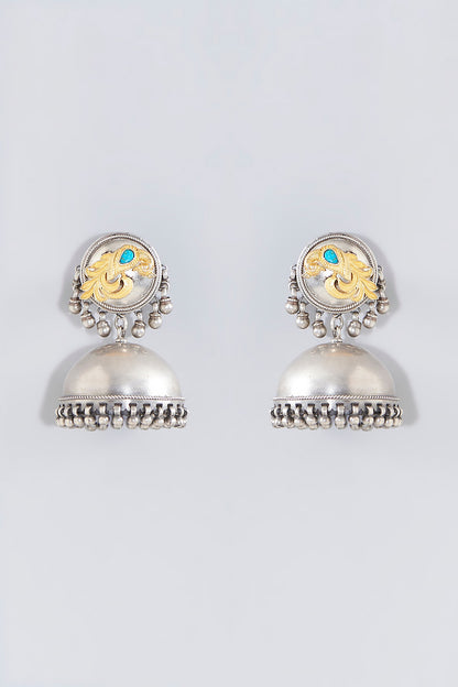 Oxidised Silver Finish Kundan Stone Jhumka Earrings In Sterling Silver