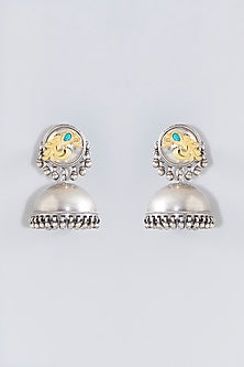 Oxidised Silver Finish Kundan Stone Jhumka Earrings In Sterling Silver