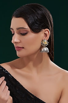 Oxidised Silver Finish Kundan Stone Jhumka Earrings In Sterling Silver