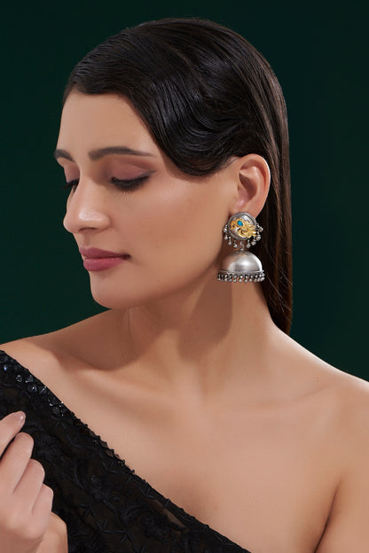Oxidised Silver Finish Kundan Stone Jhumka Earrings In Sterling Silver
