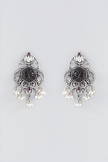 Silver Finish Black Stone Dangler Earrings In Sterling Silver