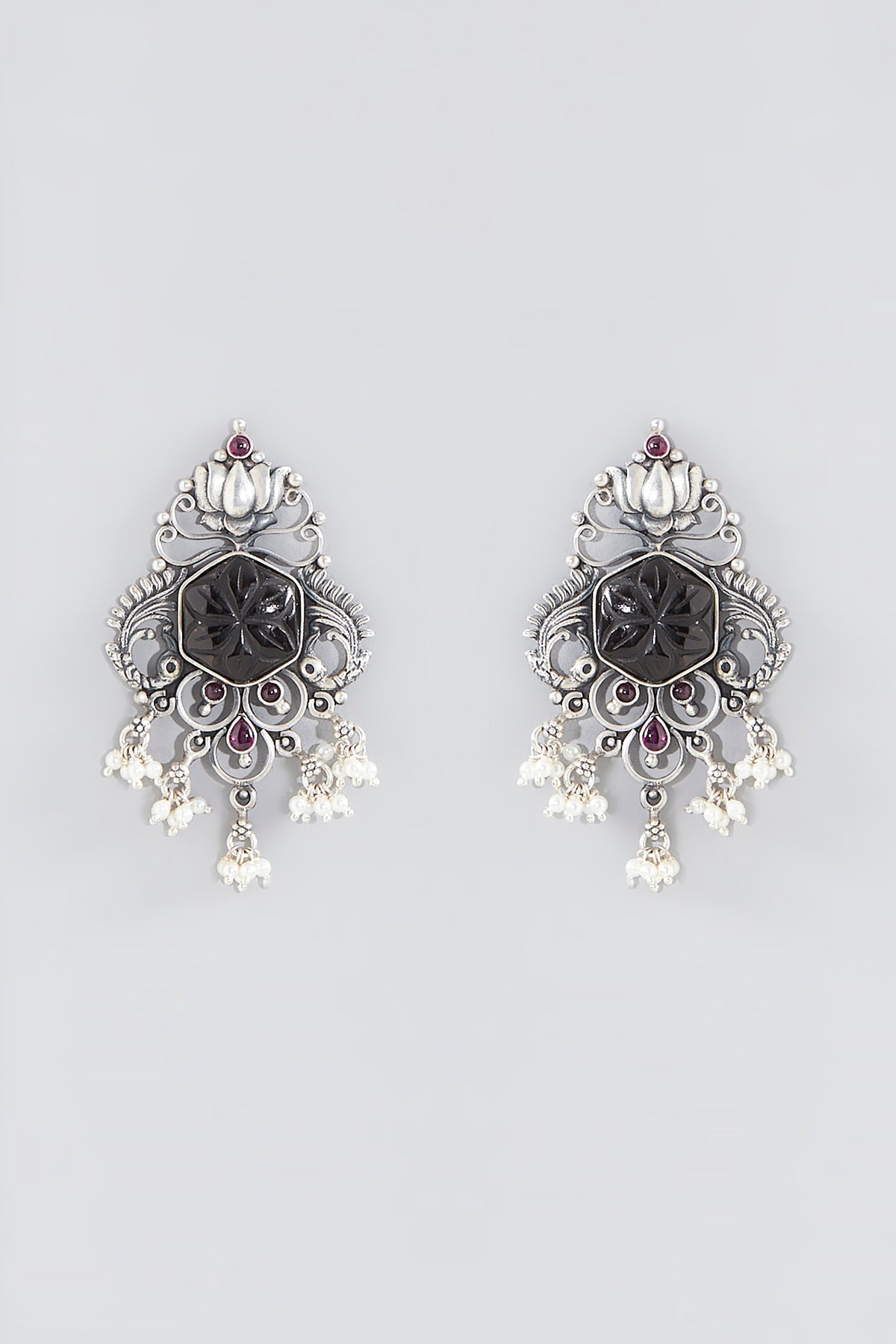 Silver Finish Black Stone Dangler Earrings In Sterling Silver