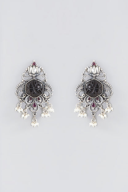 Silver Finish Black Stone Dangler Earrings In Sterling Silver