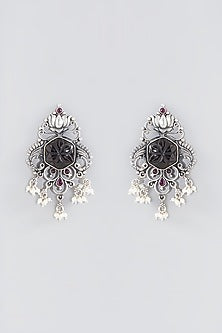 Silver Finish Black Stone Dangler Earrings In Sterling Silver