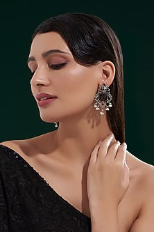 Silver Finish Black Stone Dangler Earrings In Sterling Silver