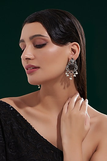 Silver Finish Black Stone Dangler Earrings In Sterling Silver