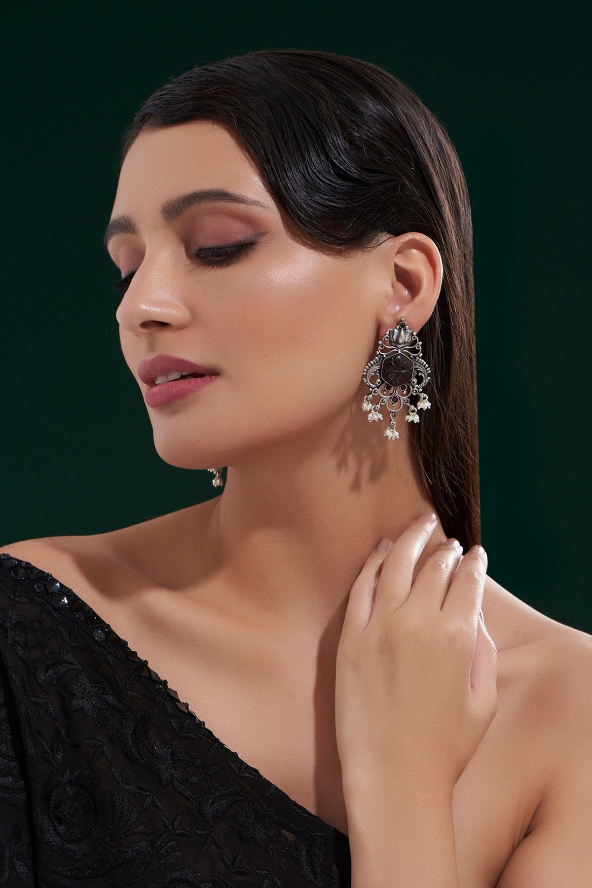 Silver Finish Black Stone Dangler Earrings In Sterling Silver