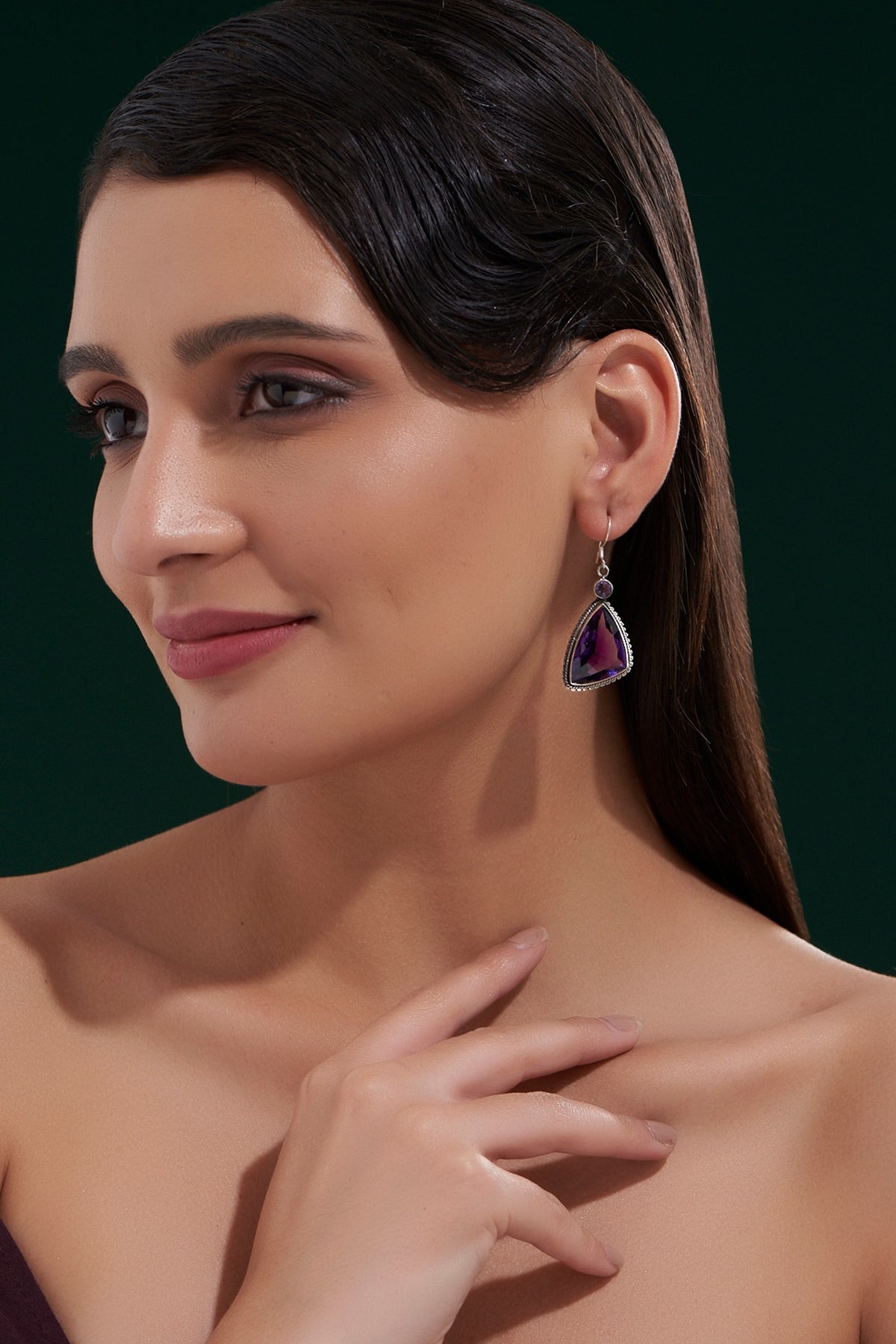 Oxidised Silver Finish Amethyst Dangler Earrings In Sterling Silver