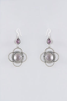 Oxidised Silver Finish Amethyst Dangler Earrings In Sterling Silver