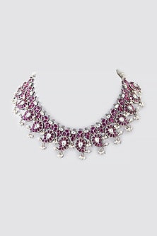 Oxidised Silver Finish Pink Stone Necklace In Sterling Silver