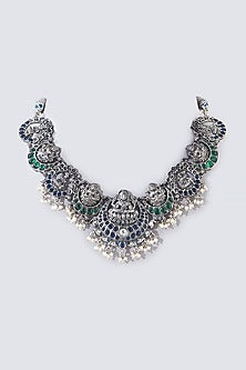 Oxidised Silver Finish Green Stone Necklace In Sterling Silver