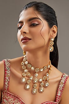 Gold Plated Moissanite Polki Layered Necklace Set