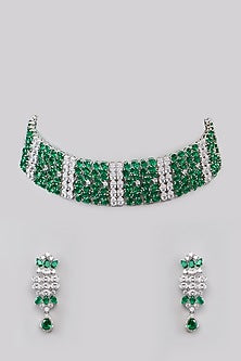 White Finish Faux Diamond & Emerald Choker Necklace Set