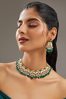 Gold Plated Moissanite Polki & Green Pearl Choker Necklace Set