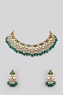 Gold Plated Moissanite Polki & Green Pearl Choker Necklace Set