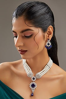 White Finish Faux Diamond & Sapphire Long Necklace Set