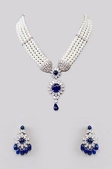 White Finish Faux Diamond & Sapphire Long Necklace Set