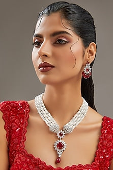White Finish Faux Diamond & Ruby Long Necklace Set