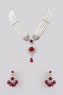 White Finish Faux Diamond & Ruby Long Necklace Set