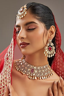 Gold Plated Moissanite Polki & Red Stone Necklace Set
