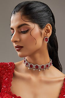 White Finish Faux Diamond & Ruby Choker Necklace Set