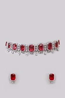 White Finish Faux Diamond & Ruby Choker Necklace Set