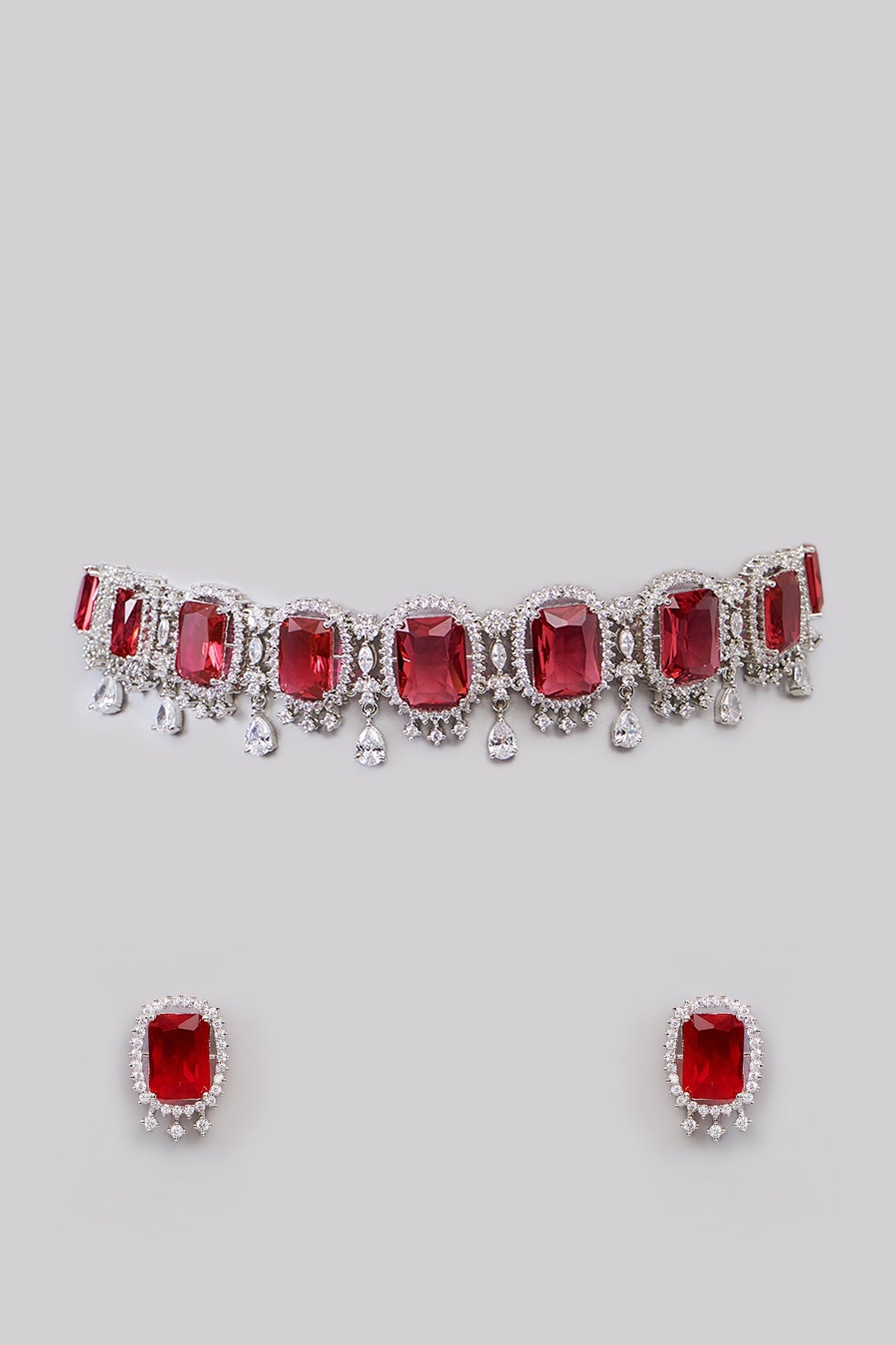 White Finish Faux Diamond & Ruby Choker Necklace Set