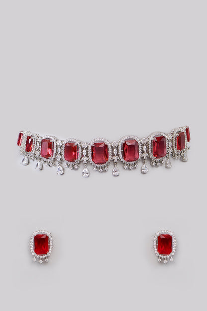 White Finish Faux Diamond & Ruby Choker Necklace Set