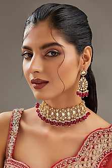 Gold Plated Moissanite Polki & Red Pearl Choker Necklace Set