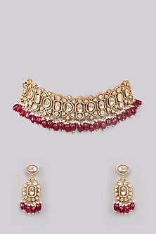 Gold Plated Moissanite Polki & Red Pearl Choker Necklace Set