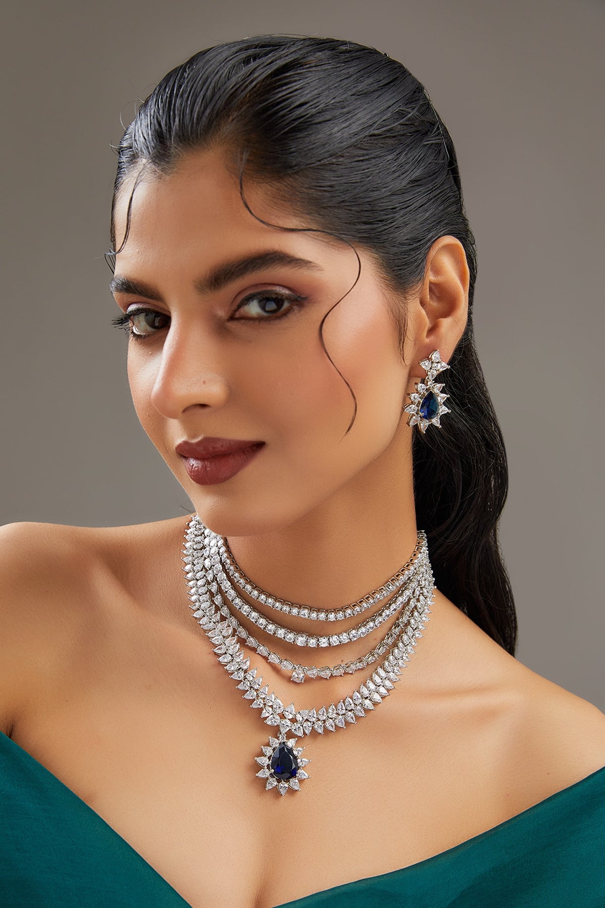 White Finish Faux Diamond & Sapphire Layered Necklace Set
