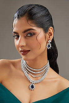 White Finish Faux Diamond & Sapphire Layered Necklace Set
