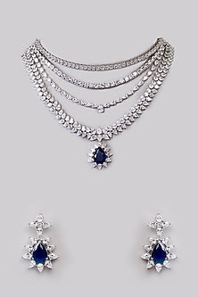 White Finish Faux Diamond & Sapphire Layered Necklace Set