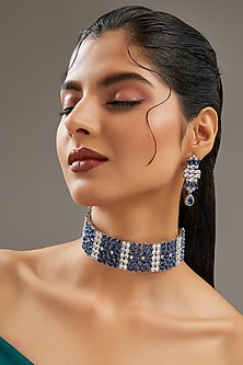 White Finish Faux Diamond & Sapphire Choker Necklace Set