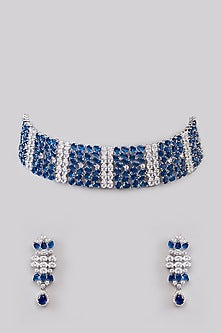 White Finish Faux Diamond & Sapphire Choker Necklace Set