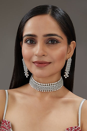 White Finish Faux Diamond & Pearl Choker Necklace Set