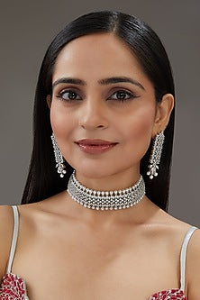 White Finish Faux Diamond & Pearl Choker Necklace Set