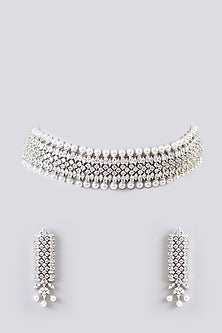 White Finish Faux Diamond & Pearl Choker Necklace Set