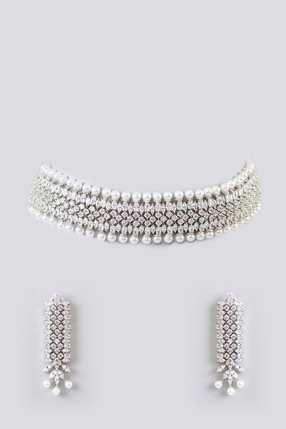 White Finish Faux Diamond & Pearl Choker Necklace Set