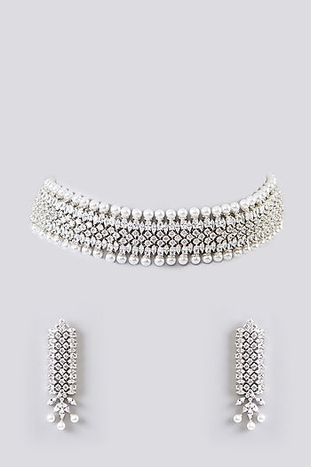 White Finish Faux Diamond & Pearl Choker Necklace Set