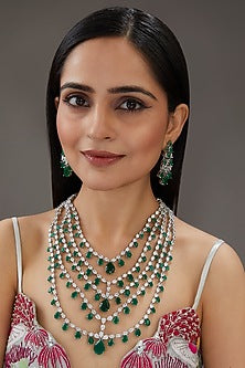 White Finish Diamond & Emerald Stone Layered Necklace Set