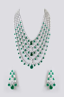 White Finish Diamond & Emerald Stone Layered Necklace Set
